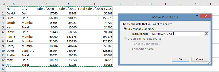 Range Selected in pivot Table