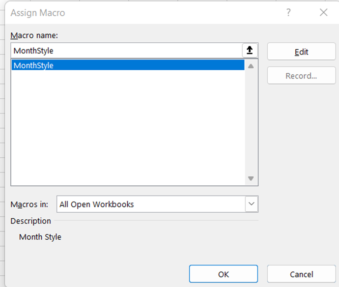 Assign Macro Dialog Box in Macro