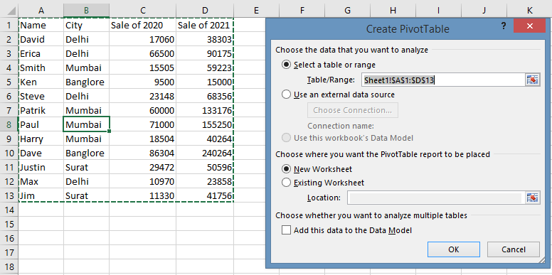 automatically range select in excel