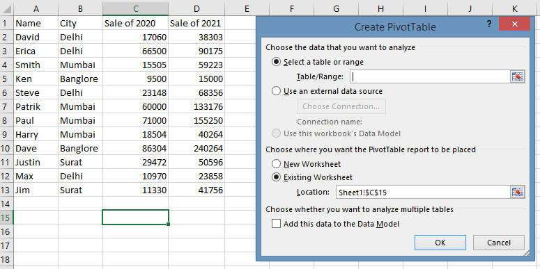 manually range select in excel