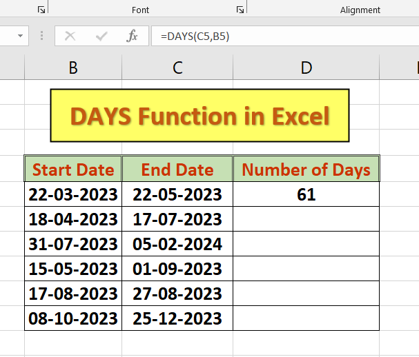 Days Function in Excel